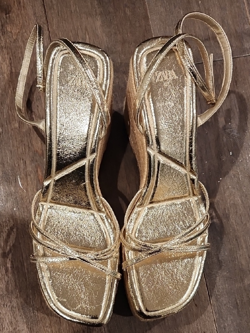 Zara Metallic Gold Espadrille Wedge Sandals